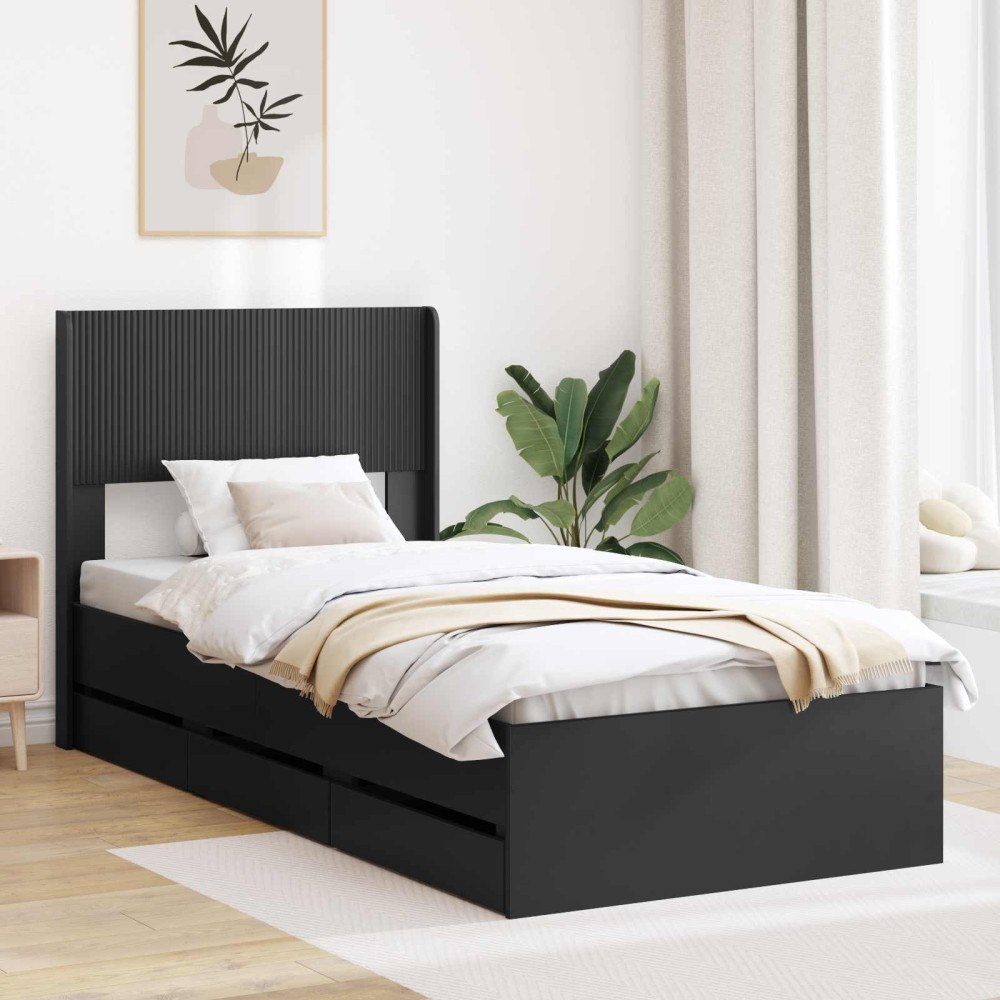 vidaXL Sängram med förvaring och huvudgavel med låda Svart 75 x 190 cm