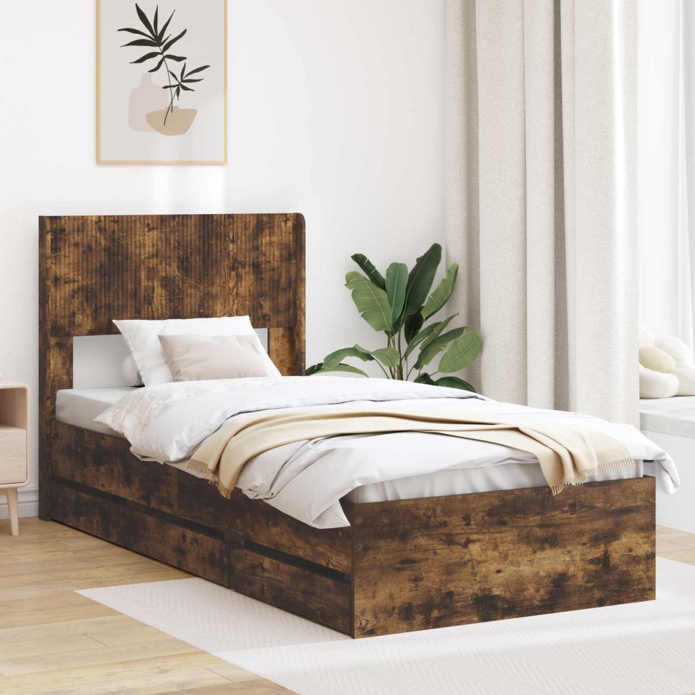 vidaXL Sängram med förvaring och huvudgavel Rökt ek 75 x 190 cm
