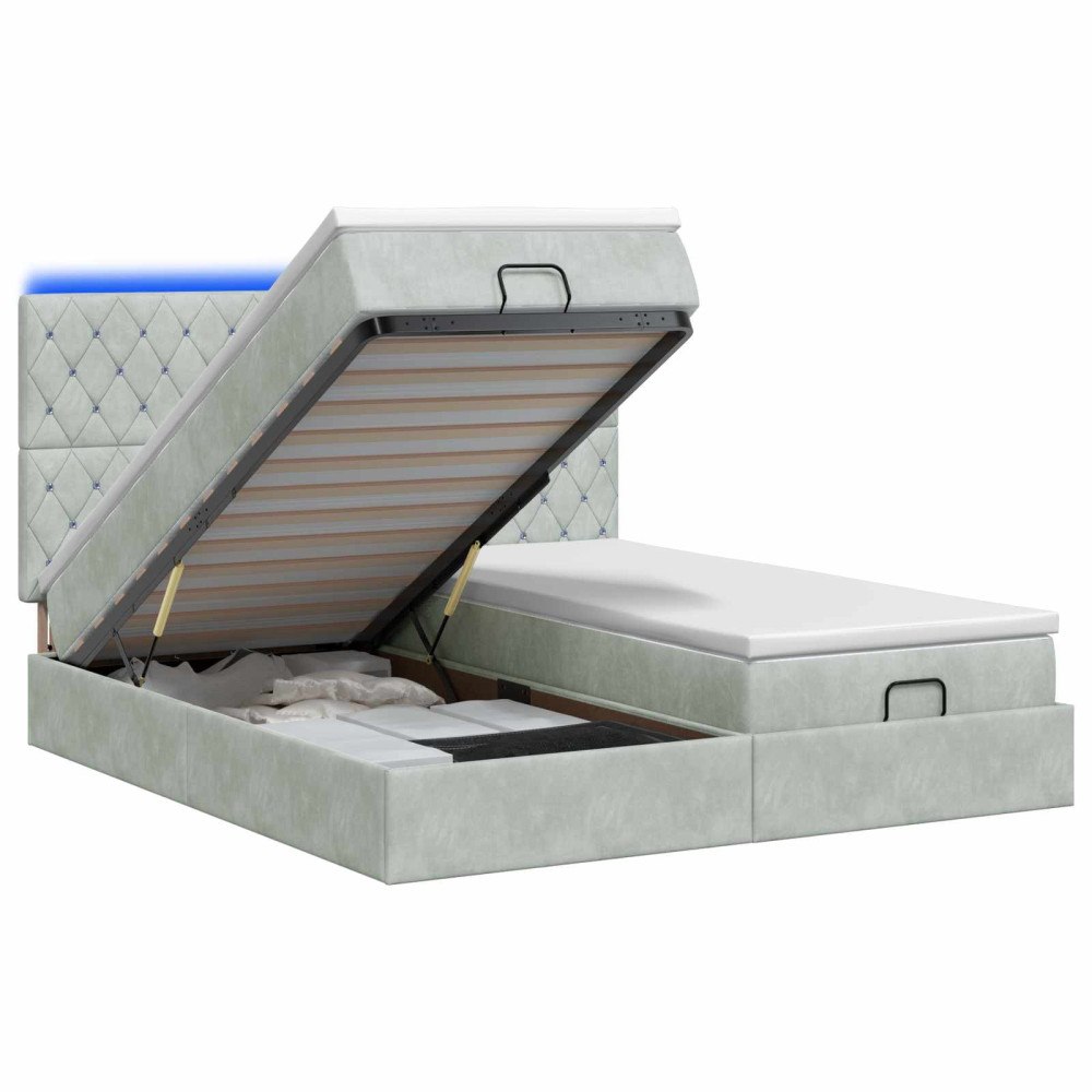 vidaXL Ottoman-säng med madrass och LED Ljusgrå 200 x 200 cm Sammet