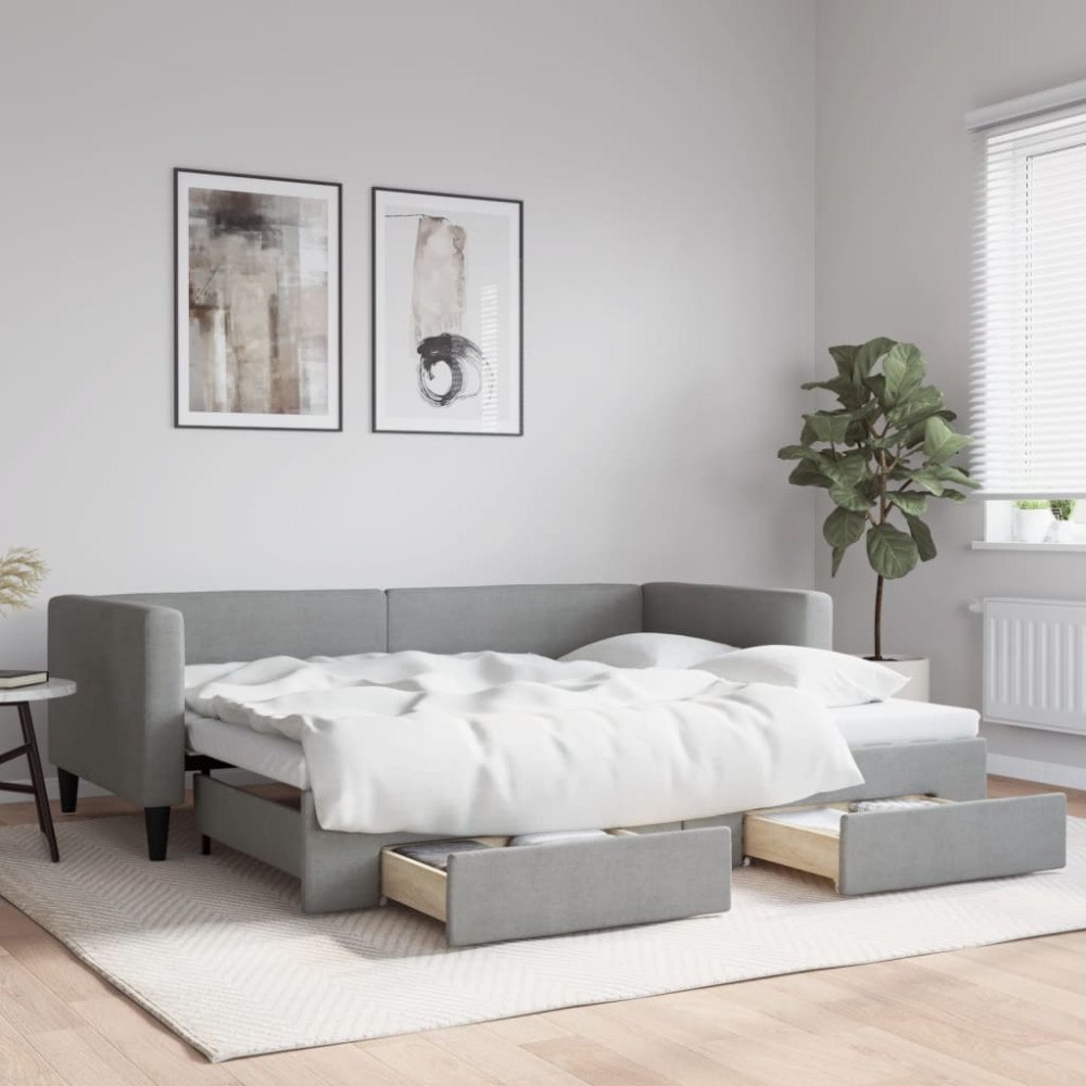 vidaXL Dagbädd utdragbar med lådor ljusgrå 100x190 cm tyg