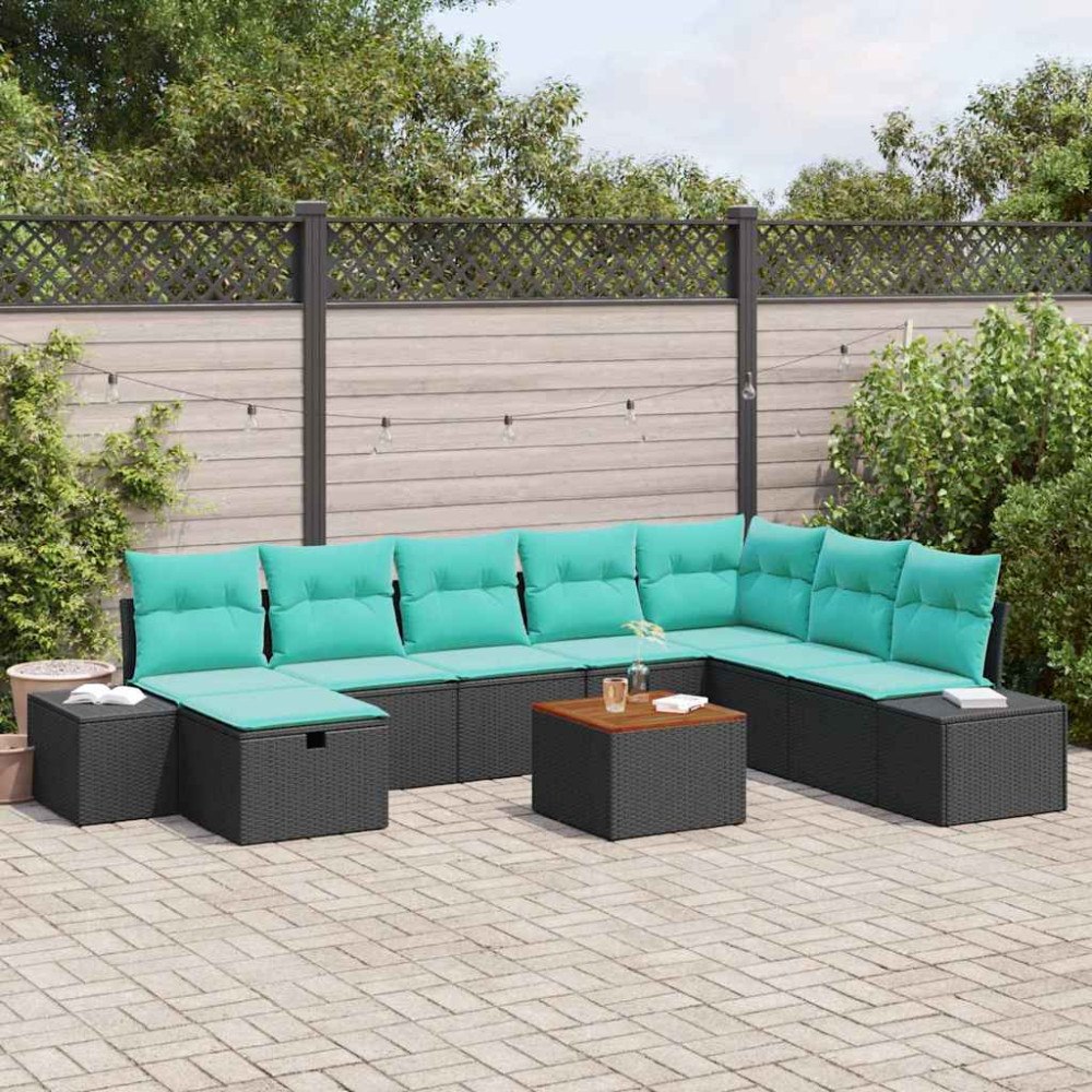 vidaXL Trädgårdsoffset 9 st Svart Poly rattan