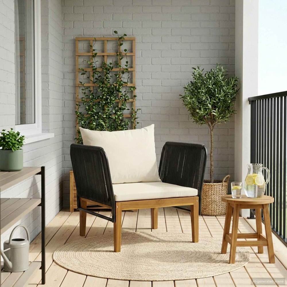 vidaXL Trädgårdskarmstol med kuddar Massivt akaciahus och rep Naturlig