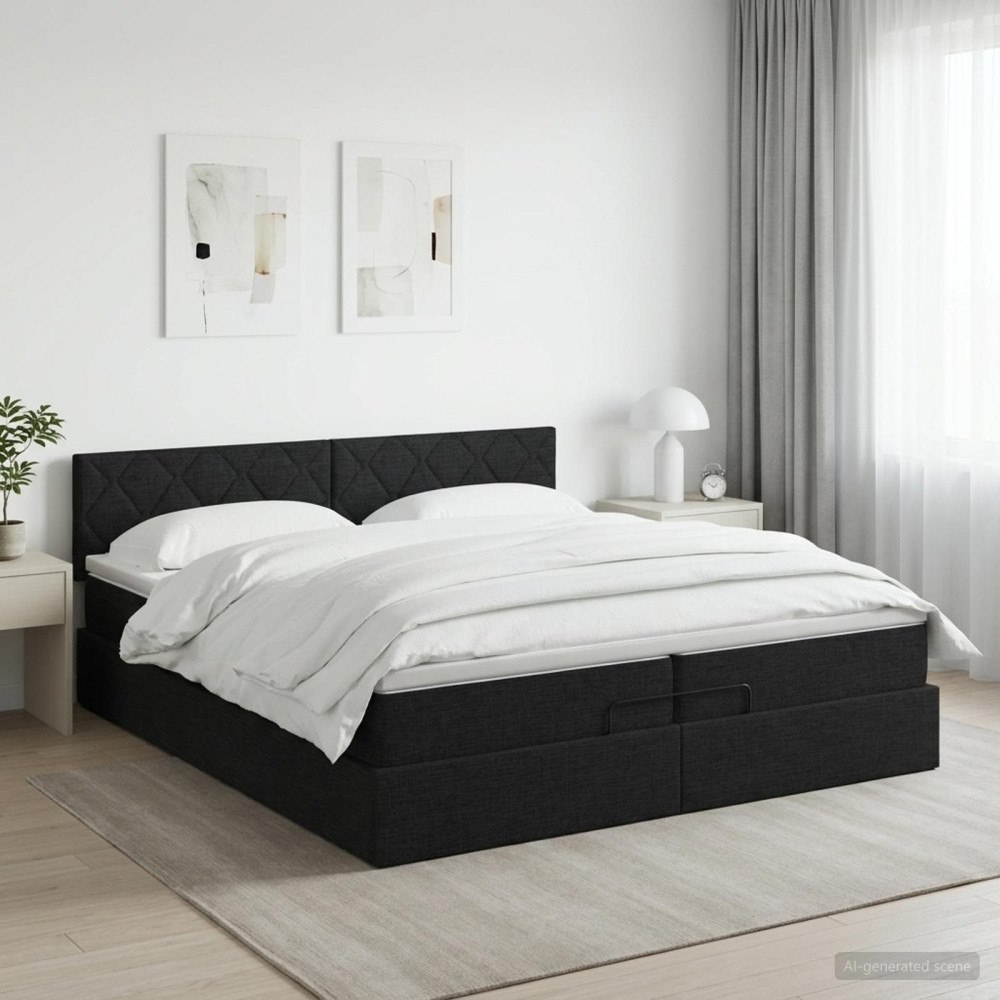 vidaXL Ottoman säng med madrass med huvudgavel Svart 200 x 200 cm Tyg