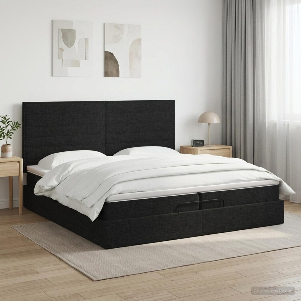 vidaXL Ottoman säng med madrass med huvudgavel Svart 200 x 200 cm Tyg