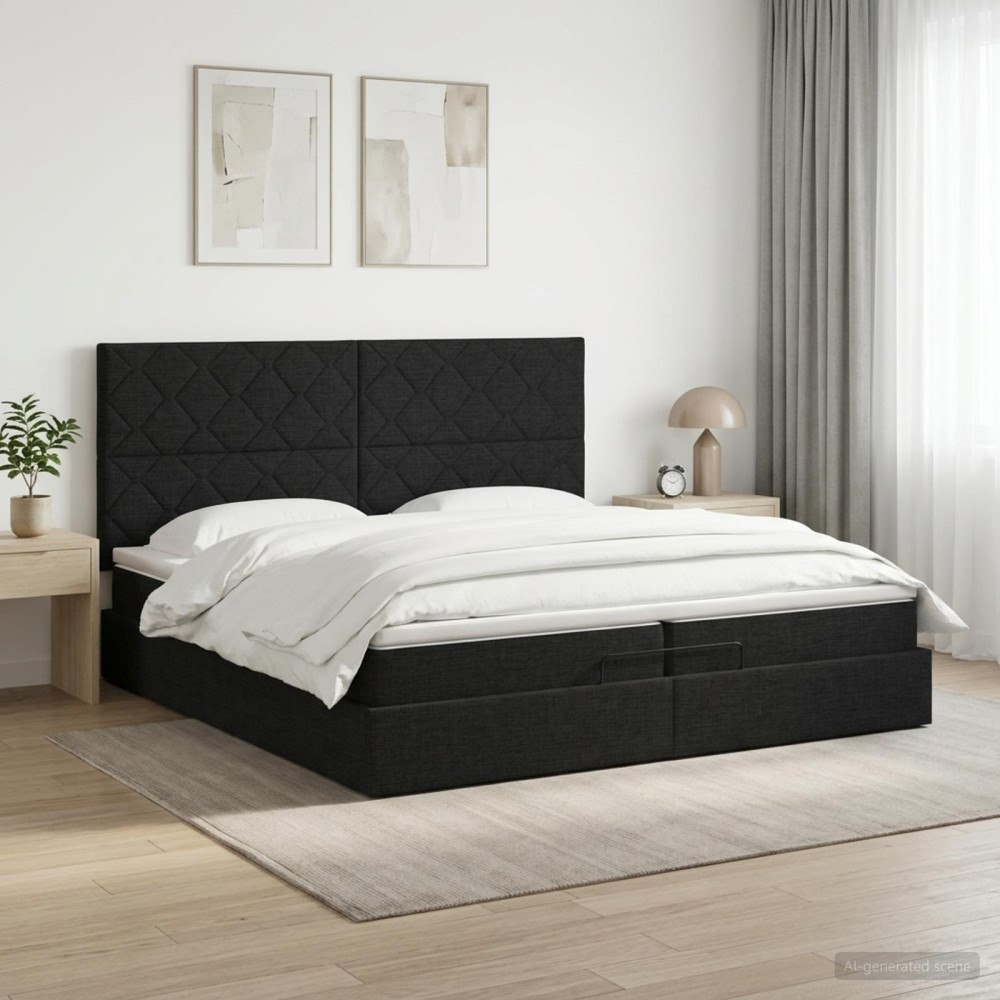 vidaXL Ottoman säng med madrass med huvudgavel Svart 200 x 200 cm Tyg