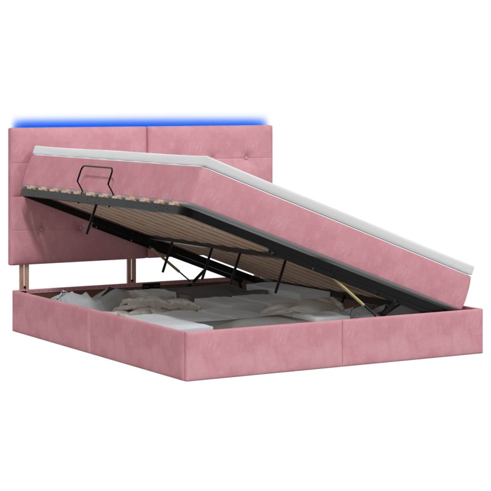 vidaXL LED förvaringssäng med madrass Rosa 160 x 200 cm Sammet