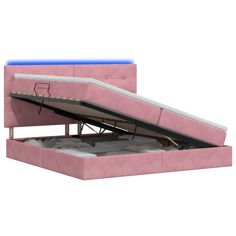 vidaXL LED förvaringssäng med madrass Rosa 200 x 200 cm Sammet