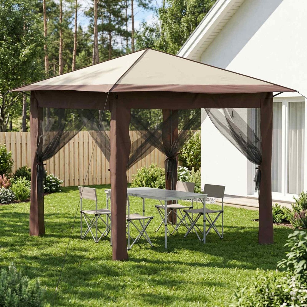 vidaXL Paviljong med 4 sidoväggar 2,6 x 2,6 m Kräm och brun
