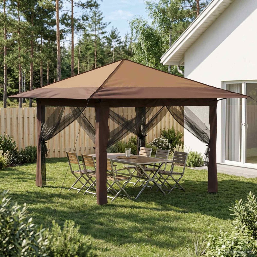 vidaXL Paviljong med 4 sidoväggar 3,3 x 3,3 m Beige och brun