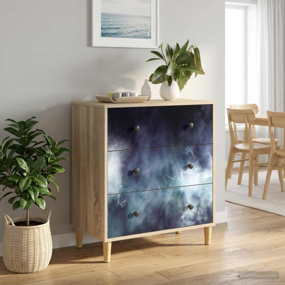 vidaXL Kommode RAALTE Blå marmortryck 66 x 36,5 x 75 cm Sonoma-ek