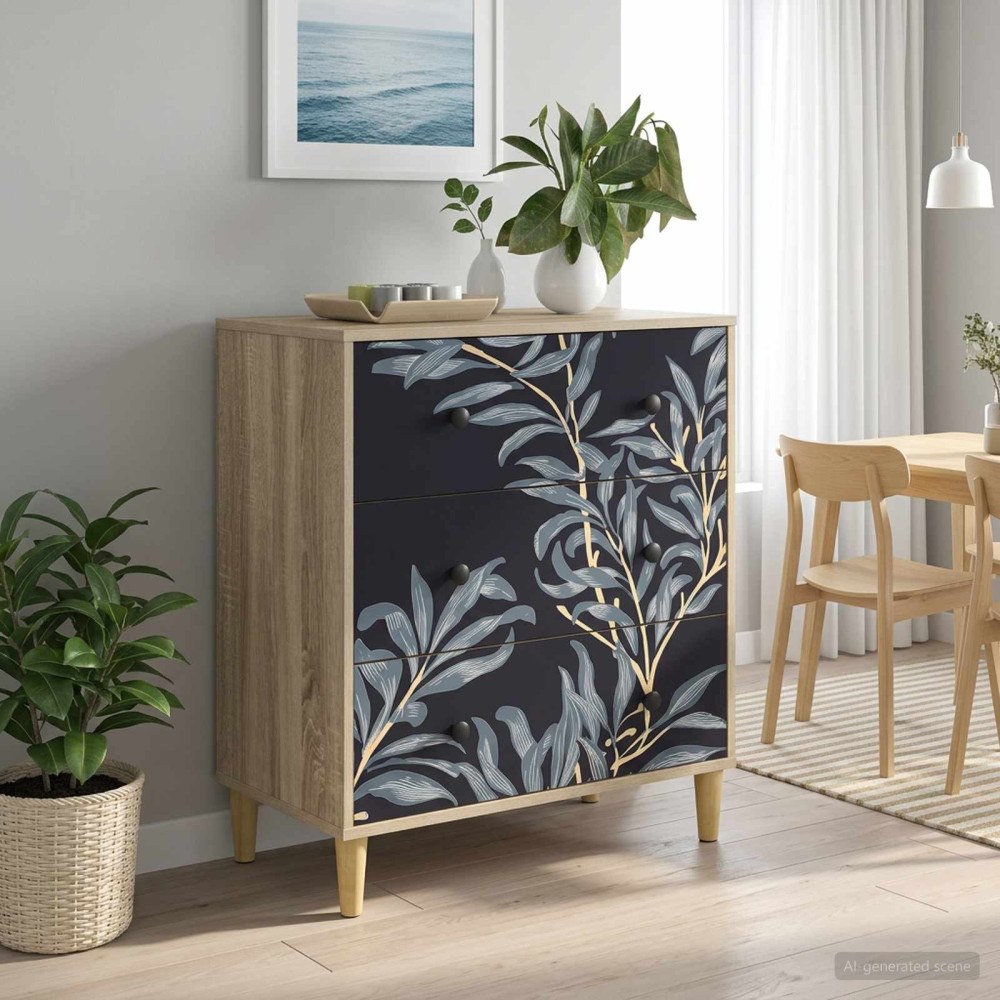 vidaXL Kommode DOKKUM Blå ormbunkstryck 66 x 36,5 x 75 cm Sonoma-ek
