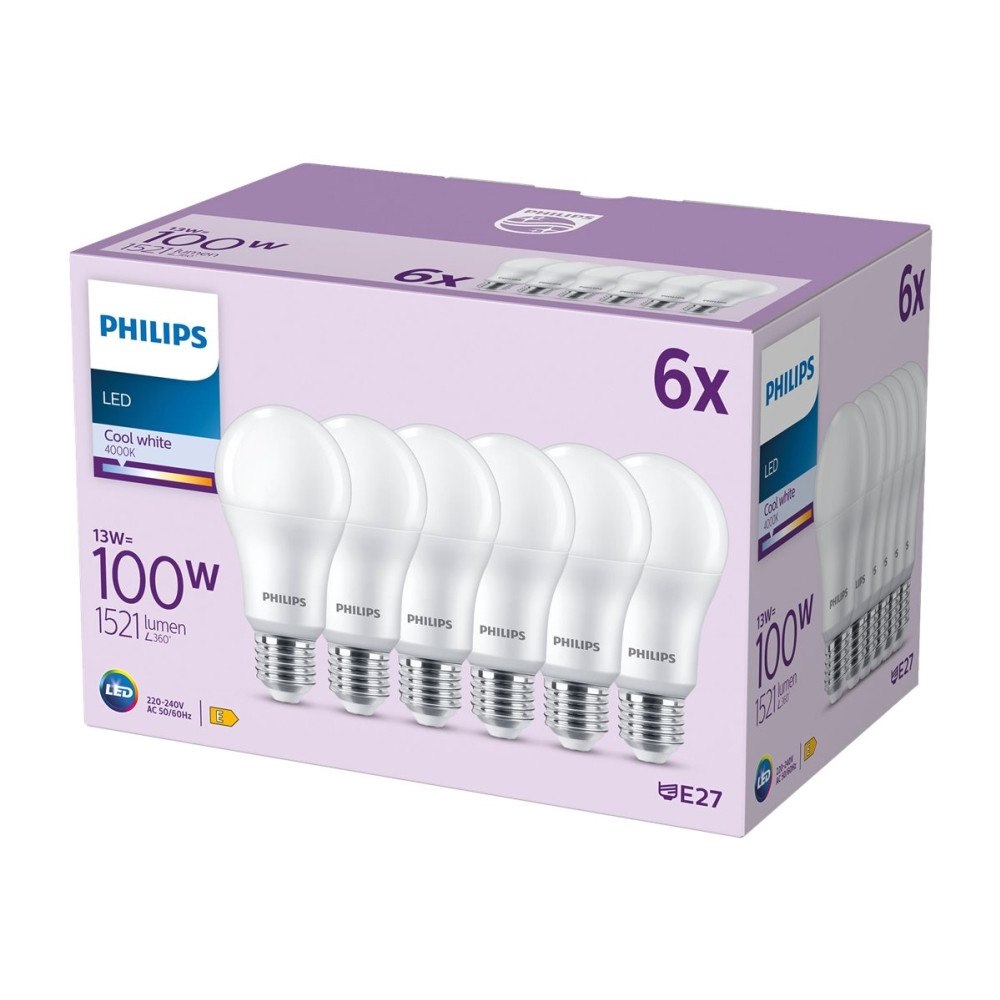 Philips Philips - LED-glödlampa - form: A67 - glaserad finish - E27 - 13 W - svalt vitt ljus - 4000 K (paket om 6)