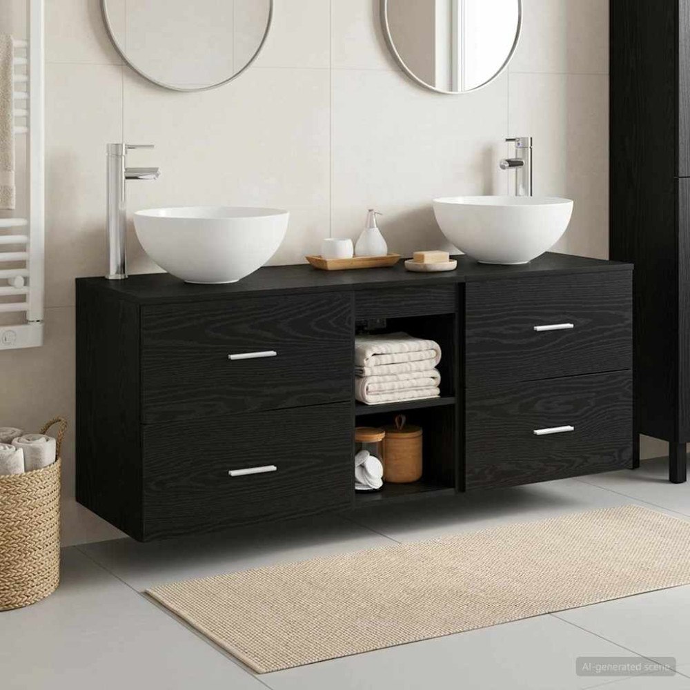 vidaXL Badrumsskåpsset 3 st Svart ek 49,5 x 35 x 63 cm Konstruerat trä