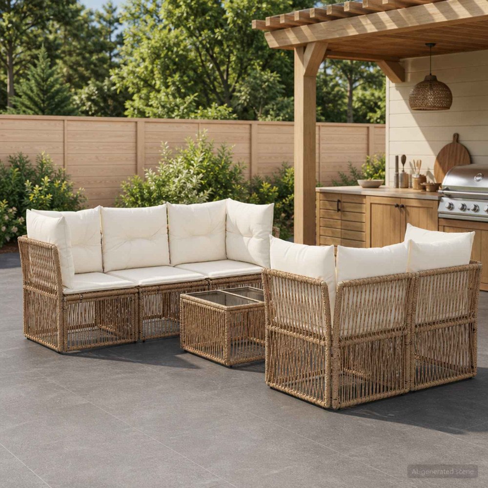 vidaXL Trädgårdsoffset 6 st Beige konstrotting