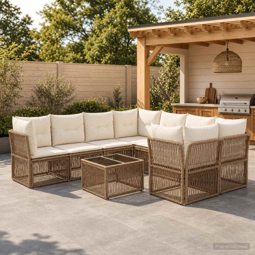 vidaXL Trädgårdsoffset 9 st Beige konstrotting