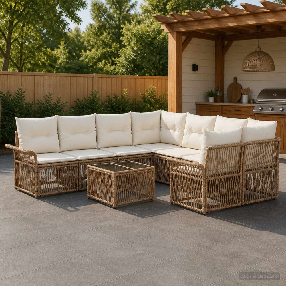 vidaXL Trädgårdsoffset 9 st Beige konstrotting