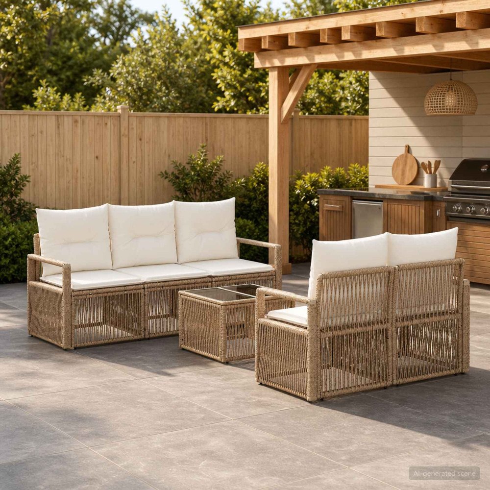 vidaXL Trädgårdsoffset 6 st Beige konstrotting