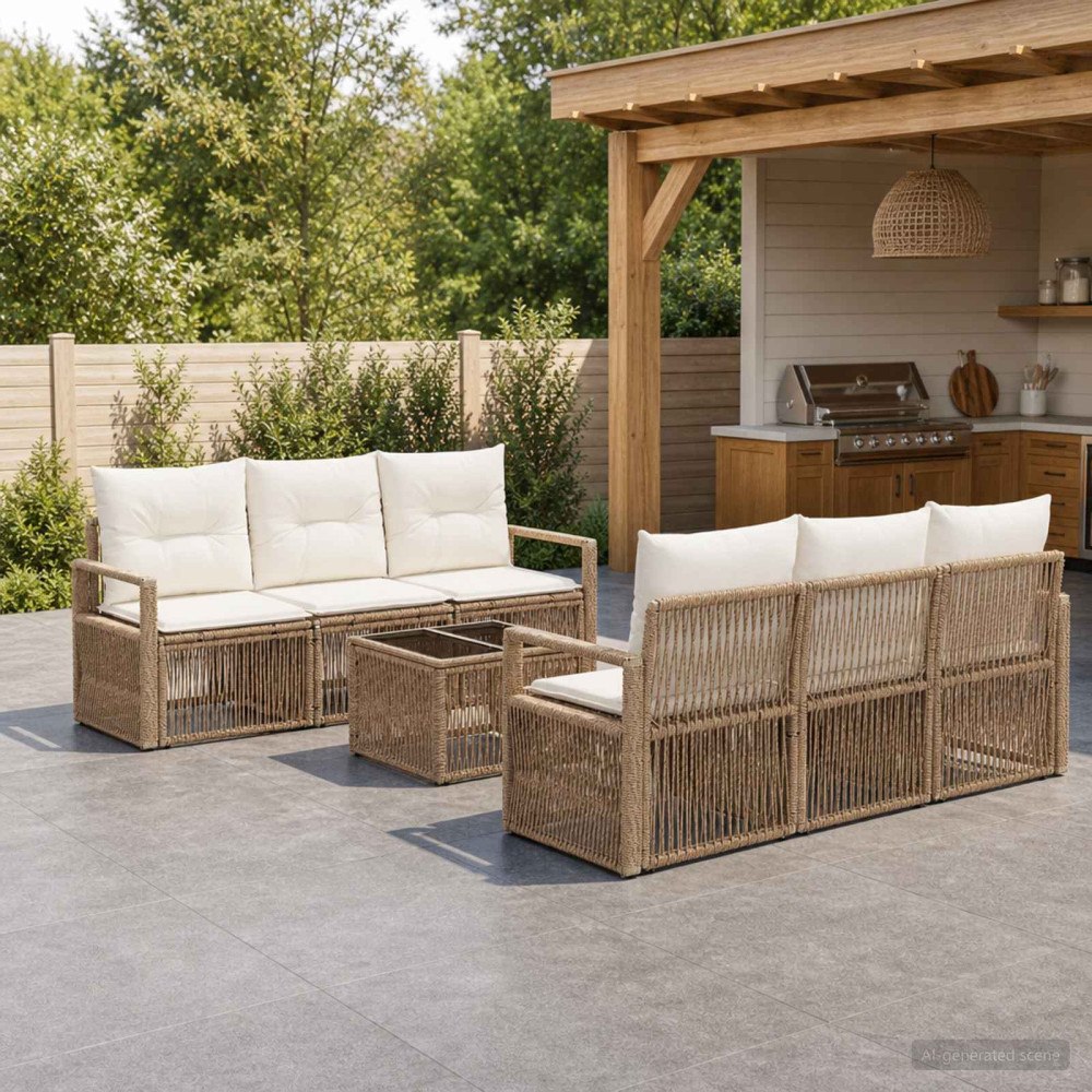 vidaXL Trädgårdsoffset 7 st Beige konstrotting