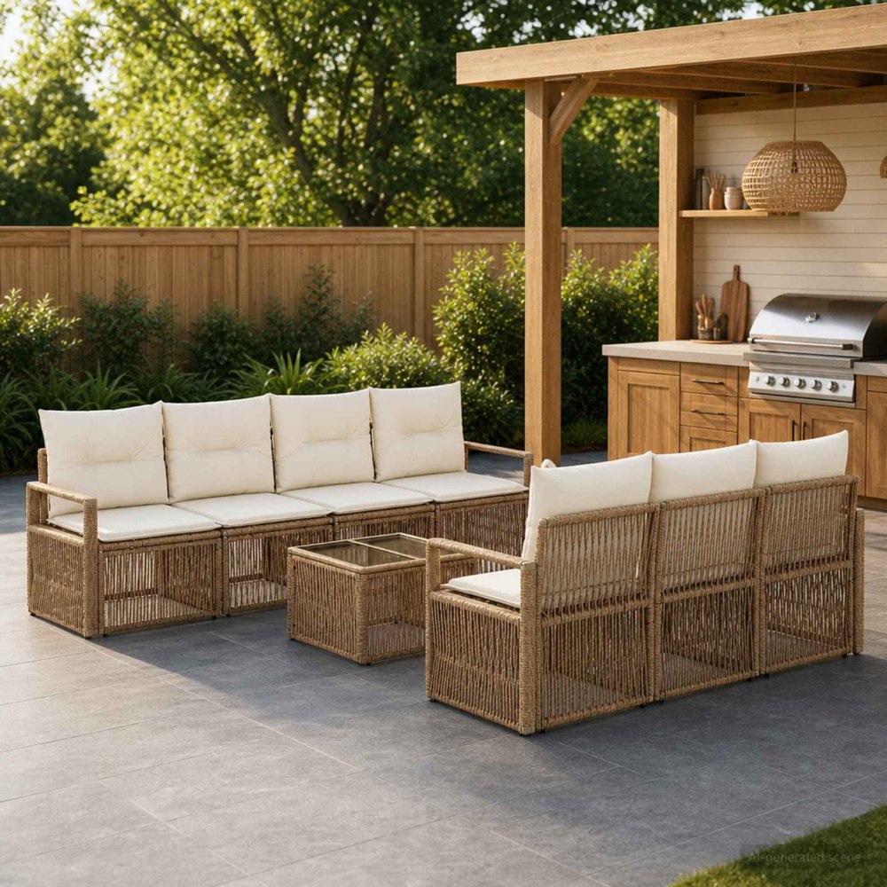 vidaXL Trädgårdsoffset 8 st Beige konstrotting