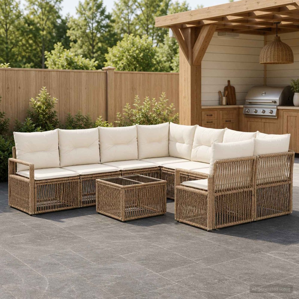 vidaXL Trädgårdsoffset 9 st Beige konstrotting