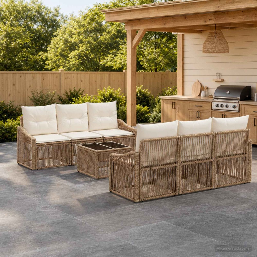 vidaXL Trädgårdsoffset 7 st Beige konstrotting