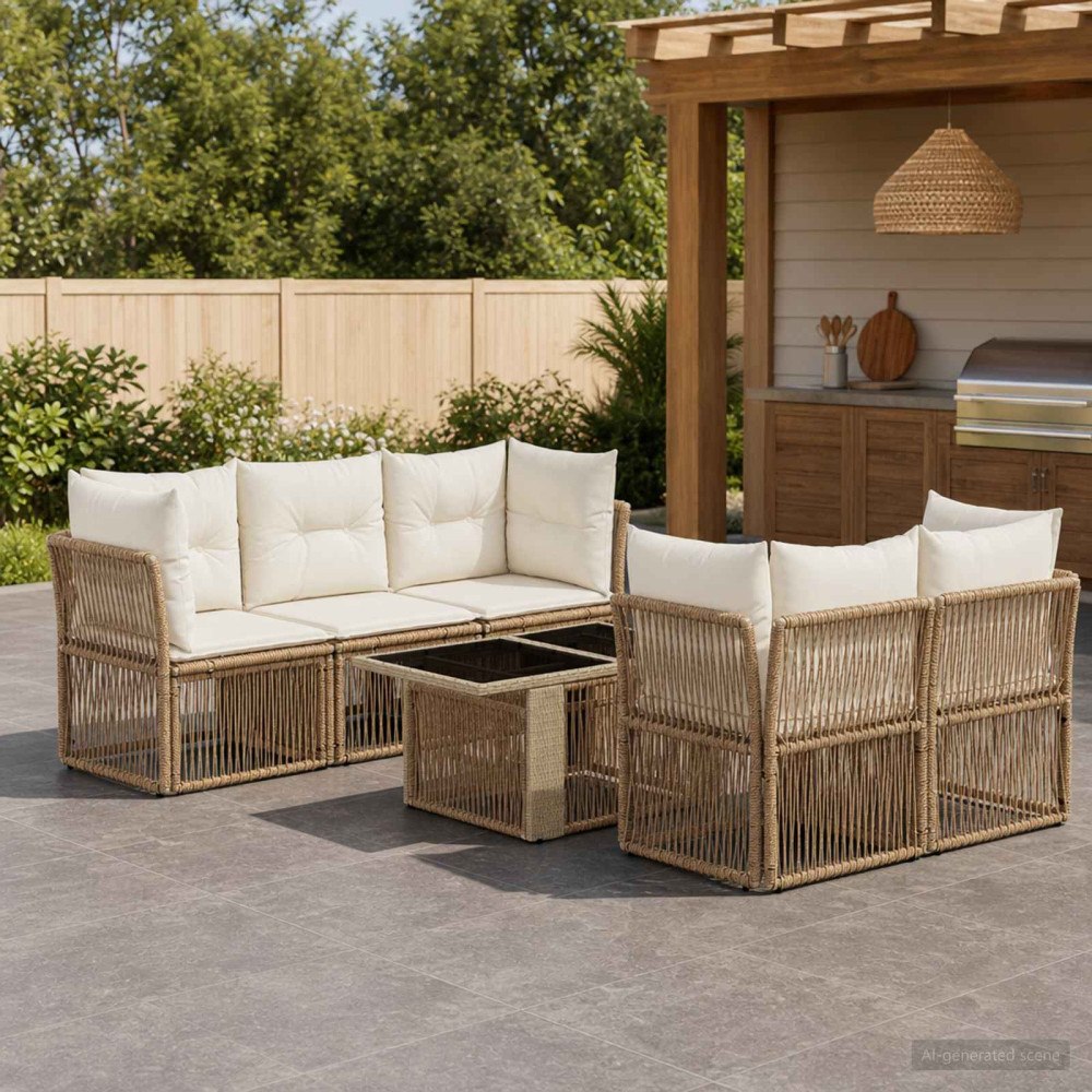 vidaXL Trädgårdsoffset 6 st Beige konstrotting