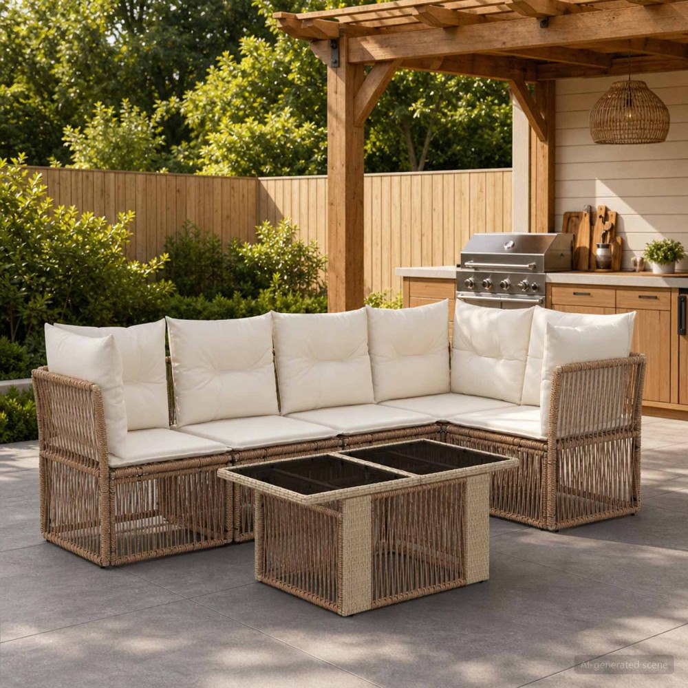 vidaXL Trädgårdsoffset 6 st Beige konstrotting