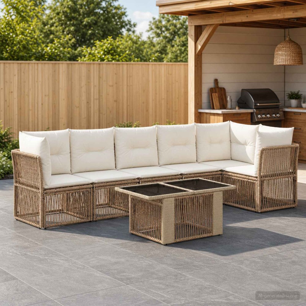 vidaXL Trädgårdsoffset 7 st Beige konstrotting
