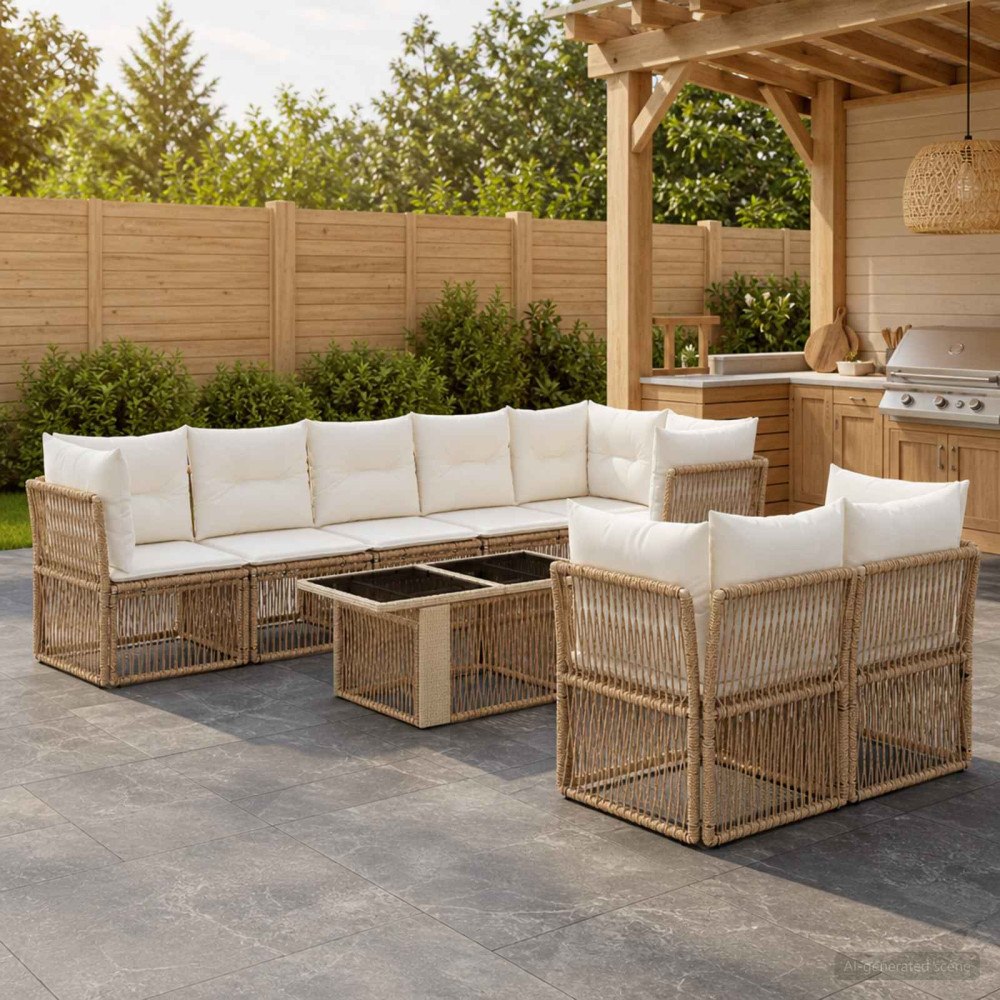 vidaXL Trädgårdsoffset 8 st Beige konstrotting