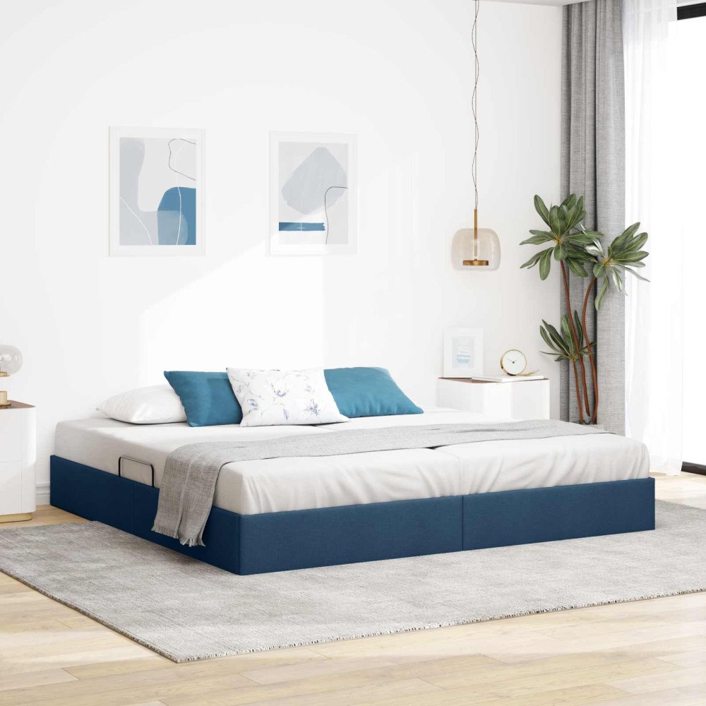 vidaXL Ottoman Sängram med lagring Blå 200 x 200 cm tyg