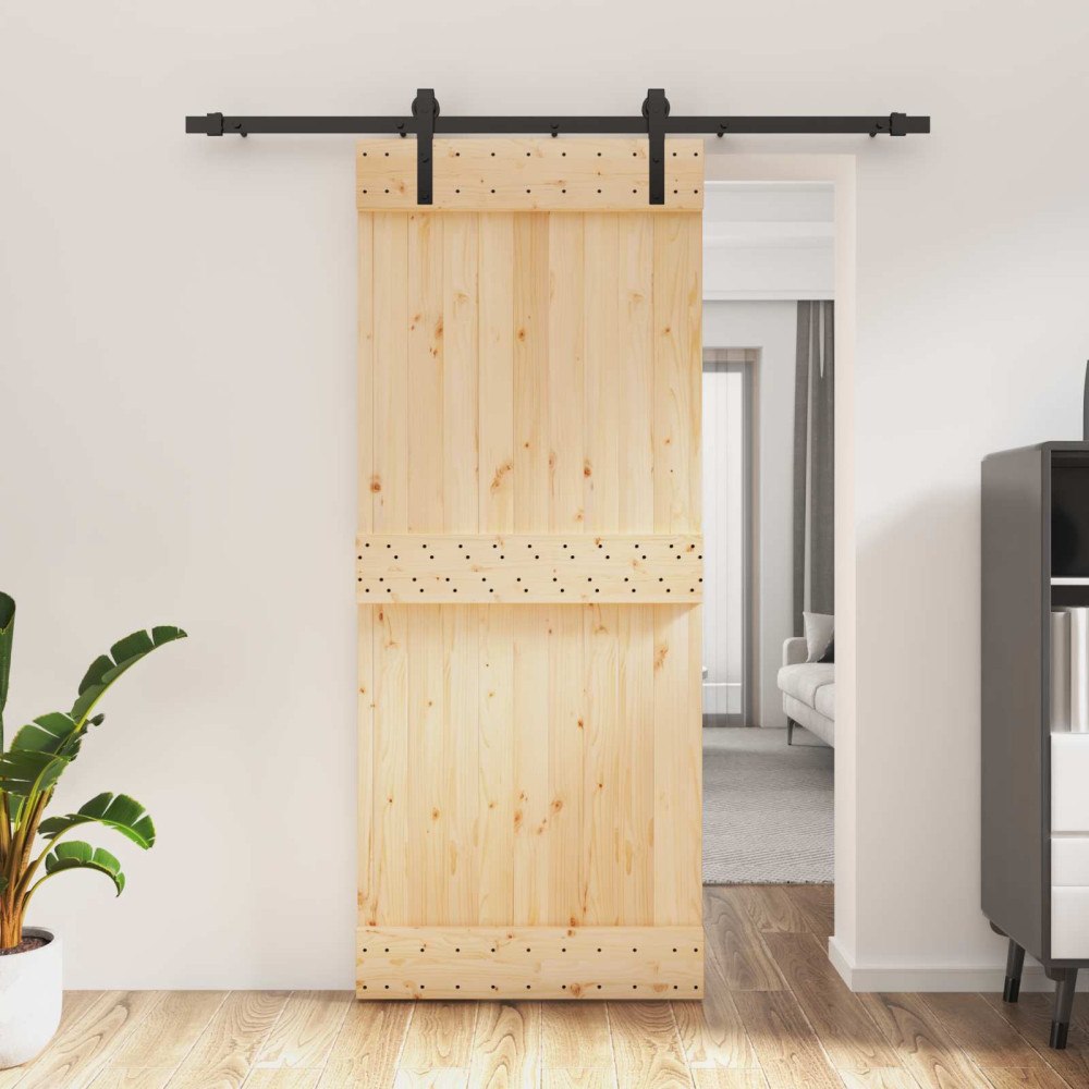 vidaXL Skjutdörr Naturlig och svart 85 x 210 cm Massiv furuträdörr