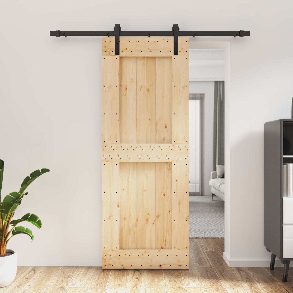 vidaXL Skjutdörr Naturlig och svart 80 x 210 cm Massiv furuträdörr