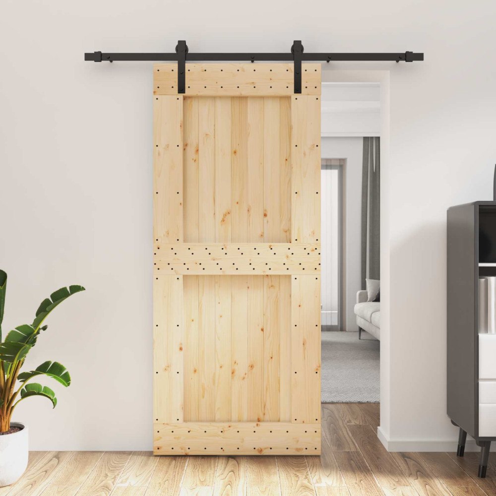 vidaXL Skjutdörr Naturlig och svart 90 x 210 cm Massiv furuträdörr