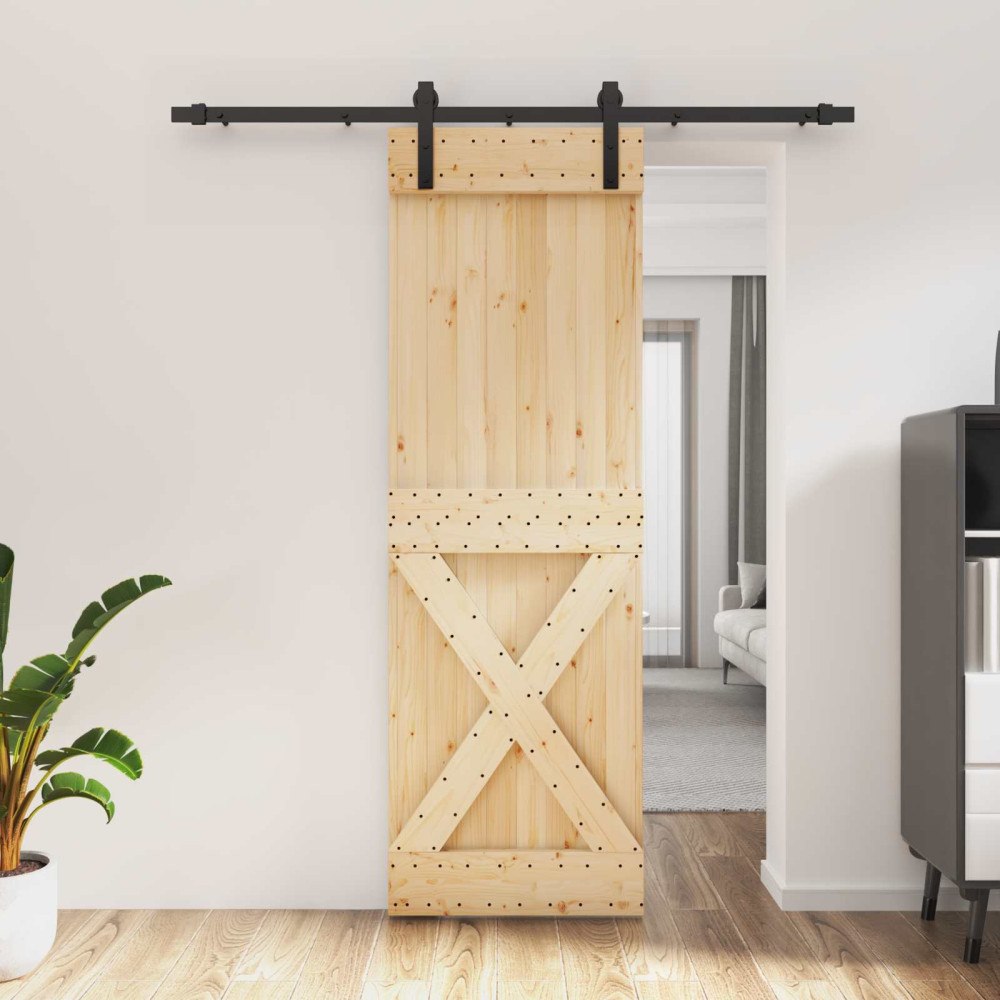 vidaXL Skjutdörr Naturlig och svart 70 x 210 cm Massiv furuträdörr