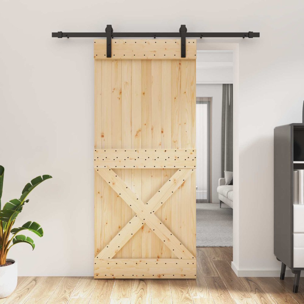 vidaXL Skjutdörr Naturlig och svart 90 x 210 cm Massiv furuträdörr
