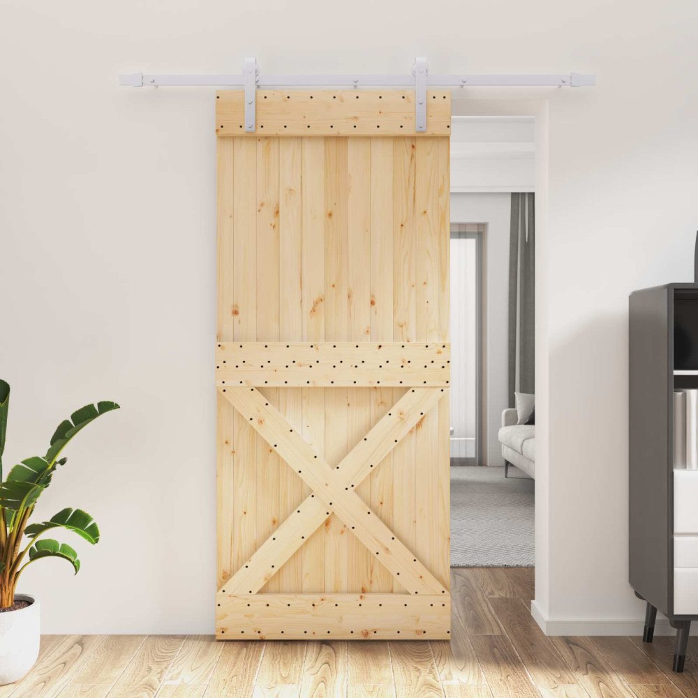 vidaXL Skjutdörr Naturlig och vit 90 x 210 cm Massiv furuträdörr
