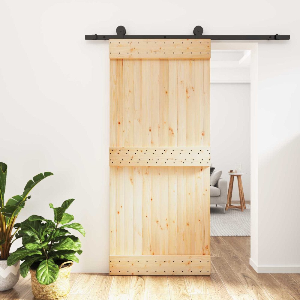 vidaXL Skjutdörr Naturlig och svart 90 x 210 cm Massiv furuträdörr