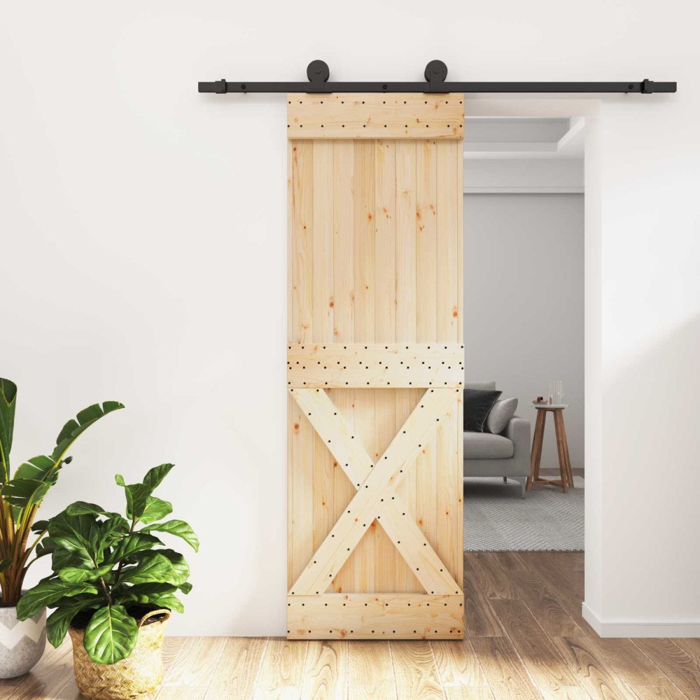 vidaXL Skjutdörr Naturlig och svart 70 x 210 cm Massiv furuträdörr
