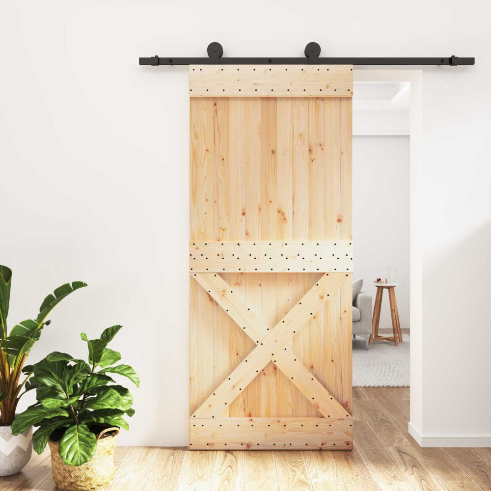 vidaXL Skjutdörr Naturlig och svart 90 x 210 cm Massiv furuträdörr