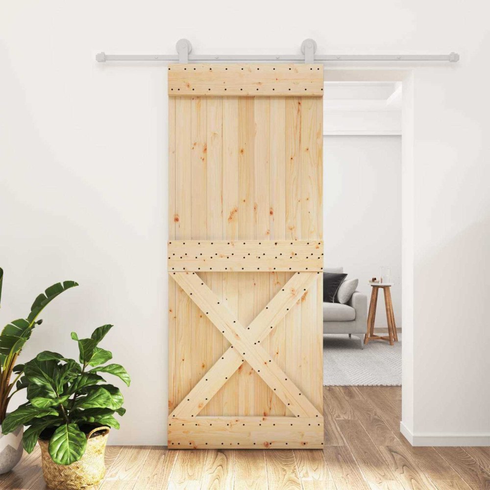 vidaXL Skjutdörr Naturlig och vit 85 x 210 cm Massiv furuträdörr