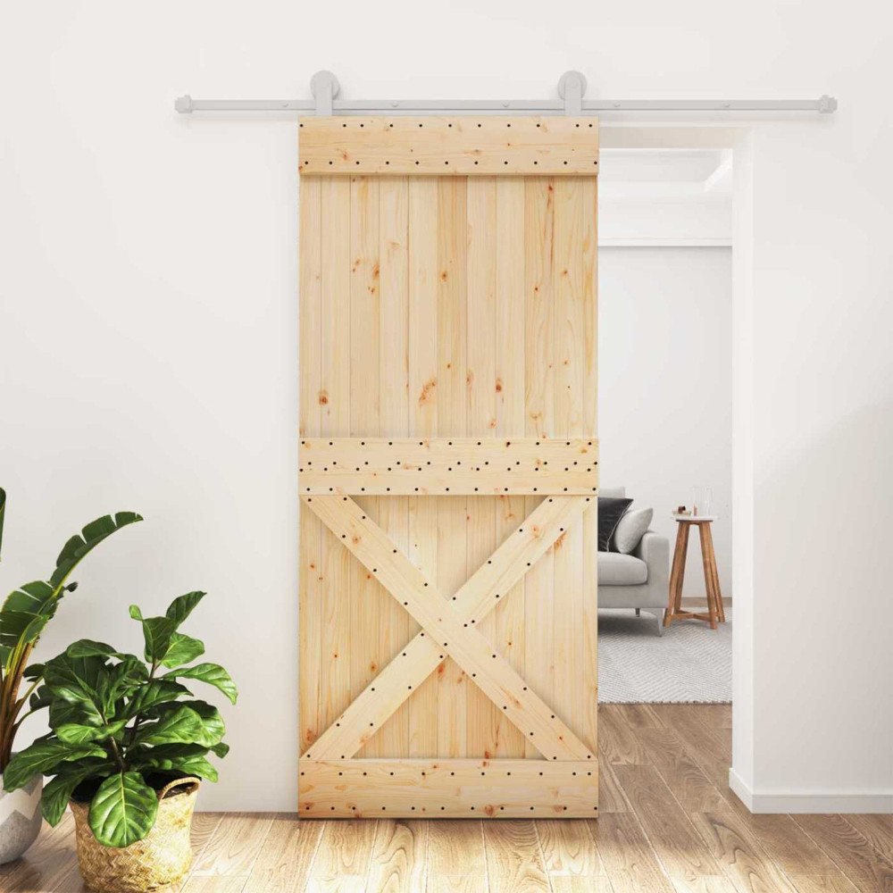 vidaXL Skjutdörr Naturlig och vit 90 x 210 cm Massiv furuträdörr