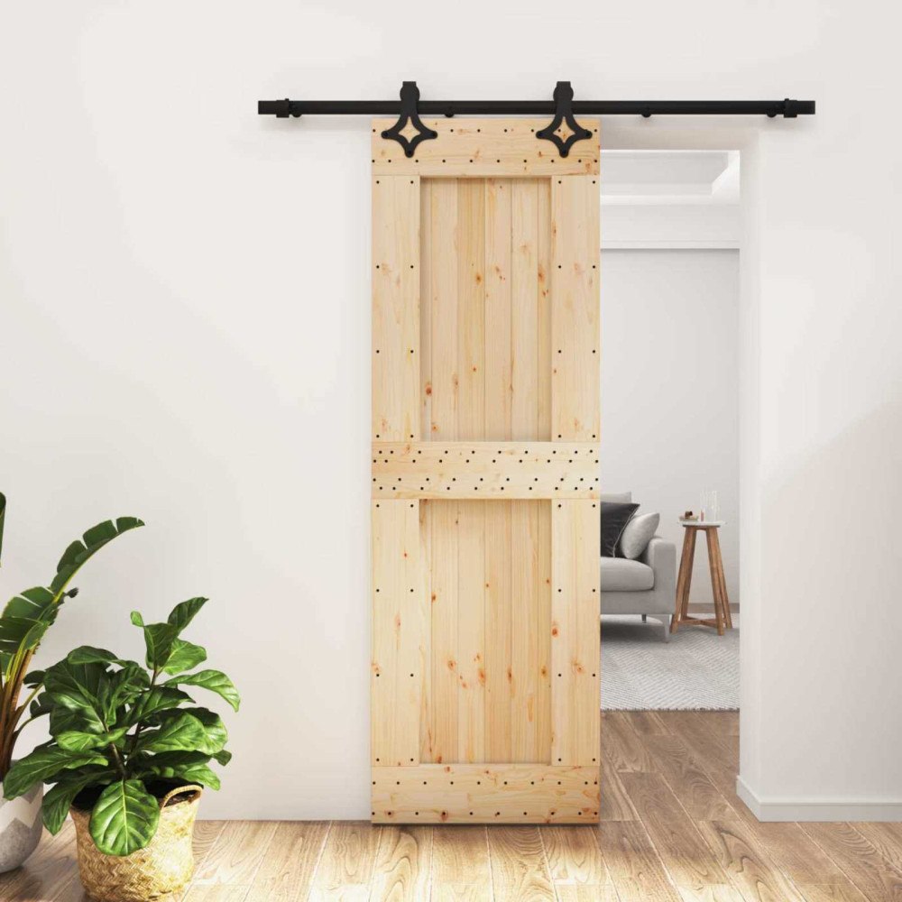 vidaXL Skjutdörr Naturlig och svart 70 x 210 cm Massiv furuträdörr