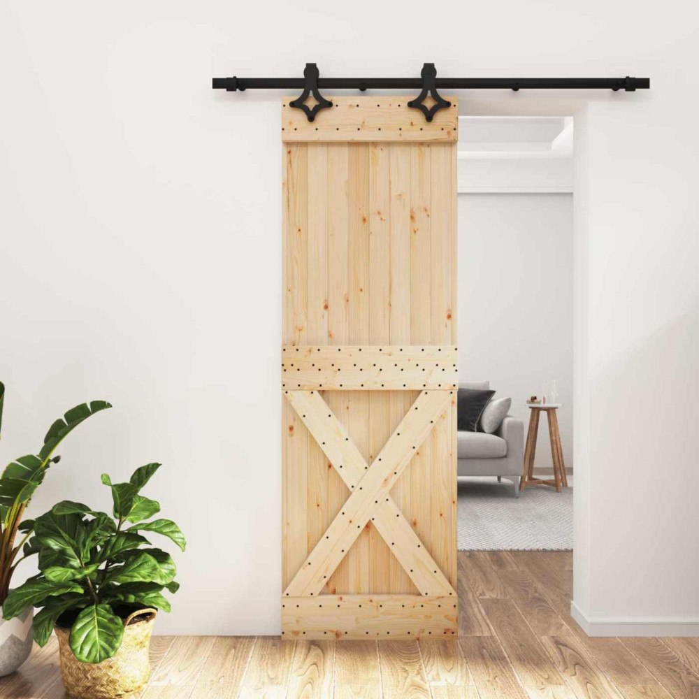 vidaXL Skjutdörr Naturlig och svart 70 x 210 cm Massiv furuträdörr