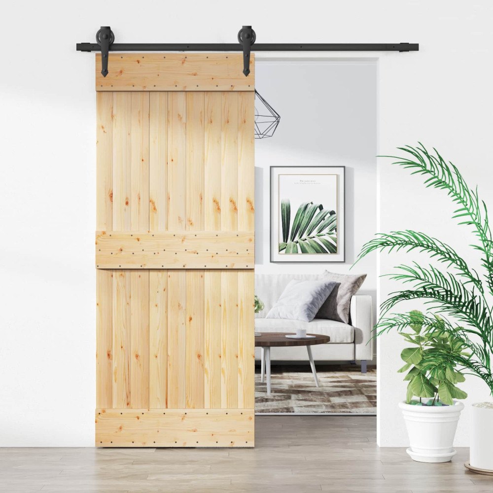 vidaXL Skjutdörr Naturlig och svart 85 x 210 cm Massiv furuträdörr