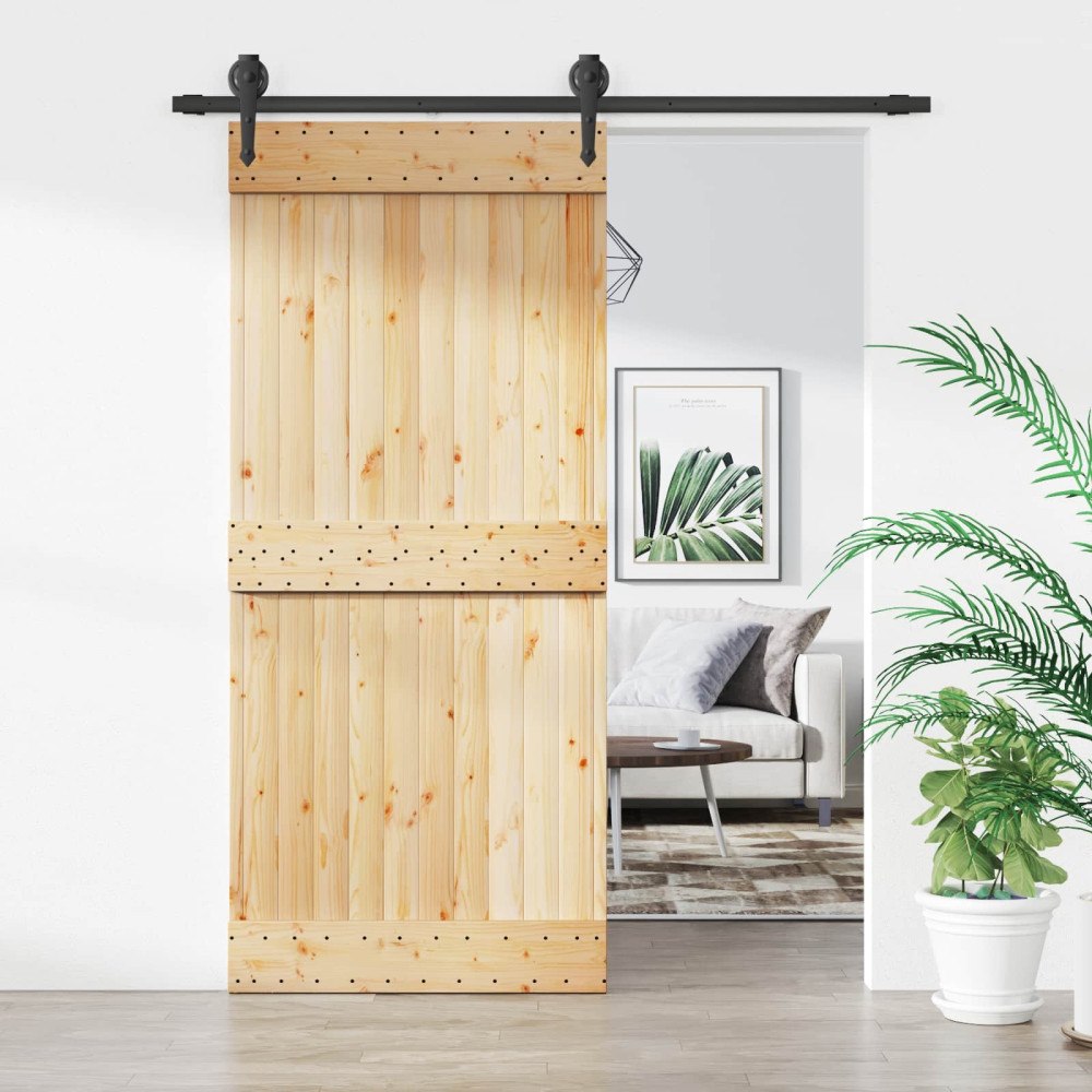 vidaXL Skjutdörr Naturlig och svart 90 x 210 cm Massiv furuträdörr