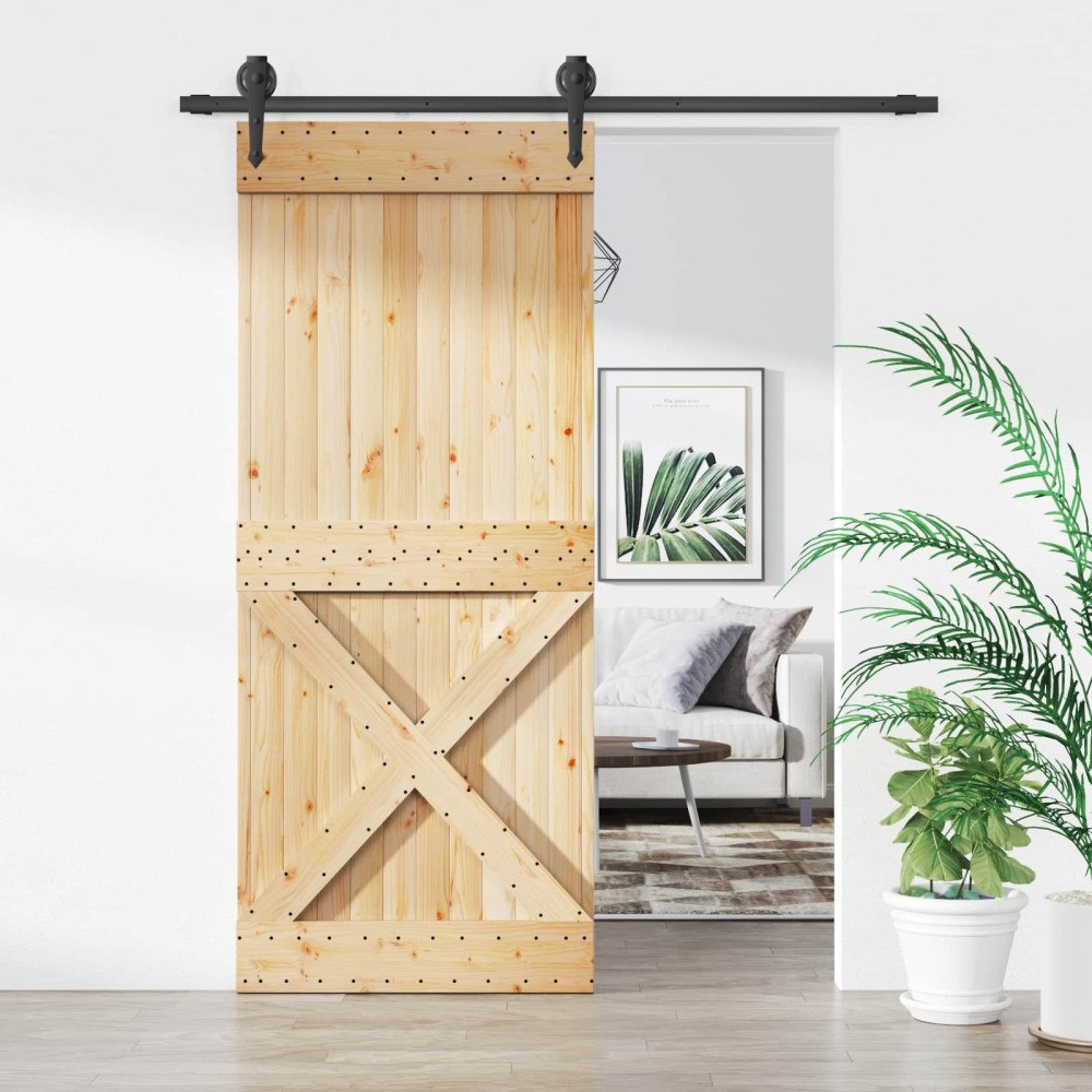 vidaXL Skjutdörr Naturlig och svart 85 x 210 cm Massiv furuträdörr