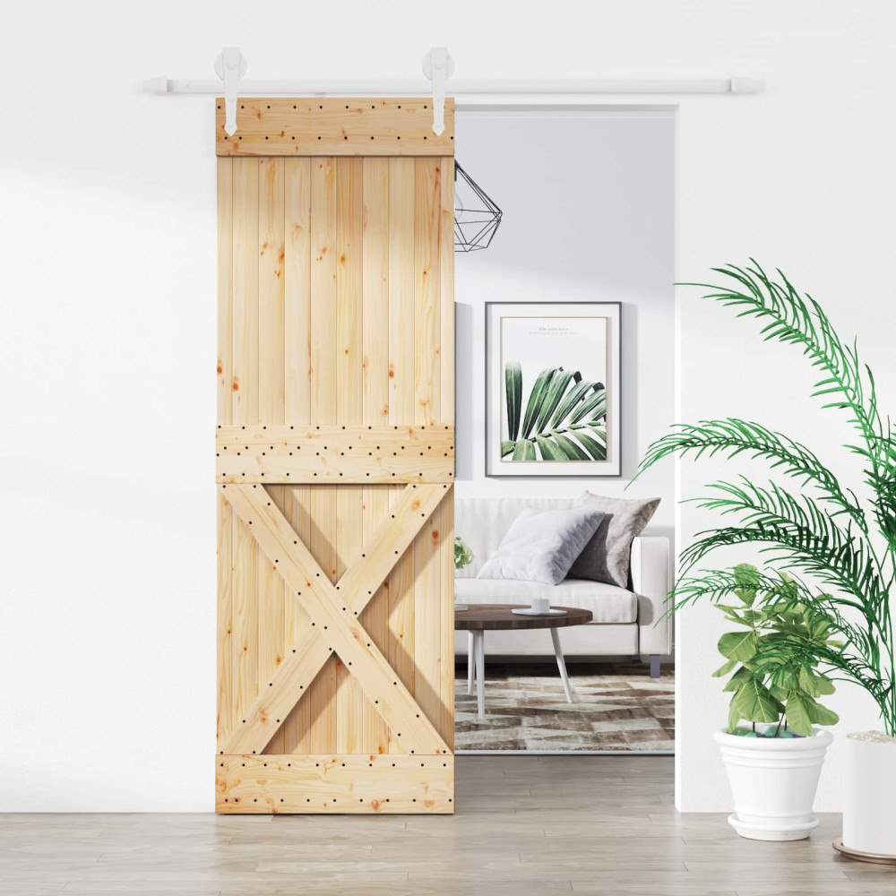 vidaXL Skjutdörr Naturlig och vit 70 x 210 cm Massiv furuträdörr