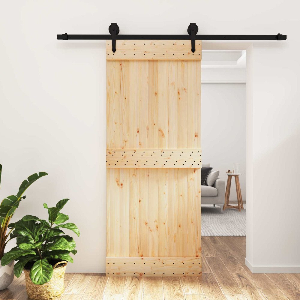 vidaXL Skjutdörr Naturlig och svart 85 x 210 cm Massiv furuträdörr