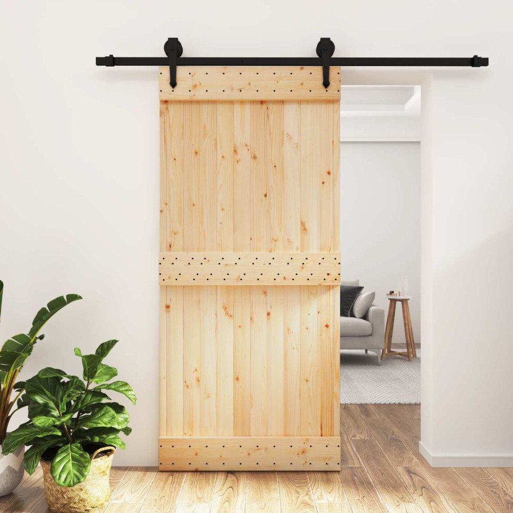 vidaXL Skjutdörr Naturlig och svart 95 x 210 cm Massiv furuträdörr