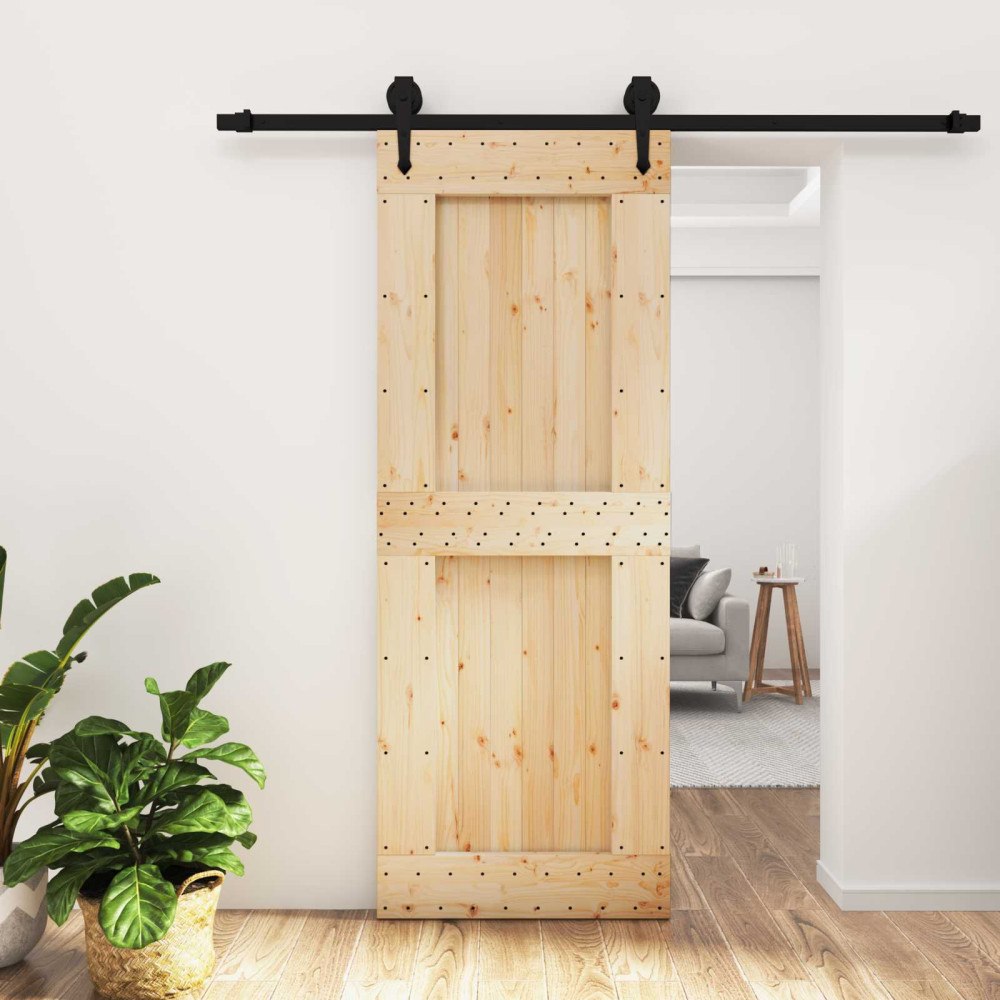 vidaXL Skjutdörr Naturlig och svart 80 x 210 cm Massiv furuträdörr